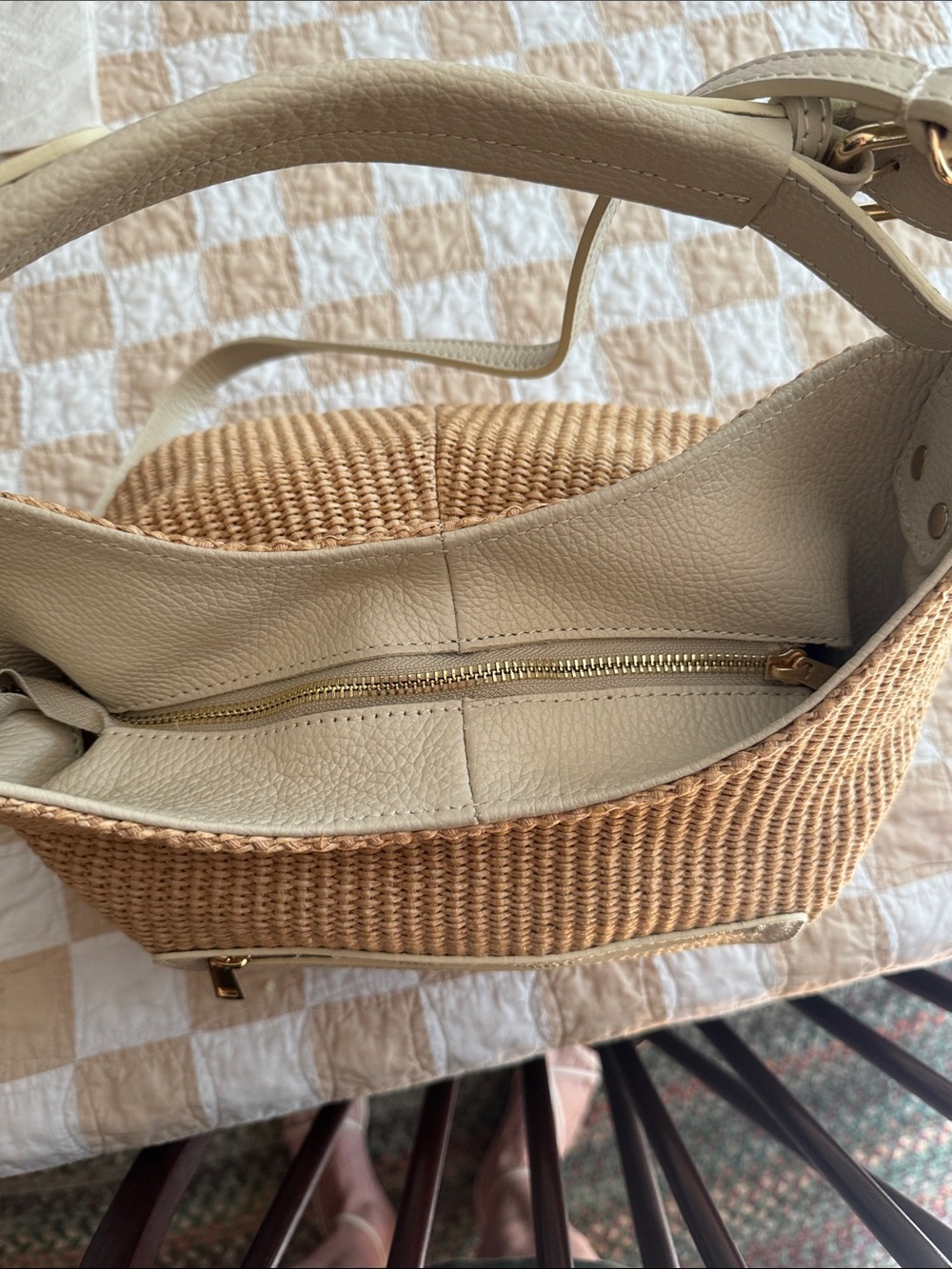 Italian Leather and Straw Hobo Bag with Cream Trim - Picture 7 of 8